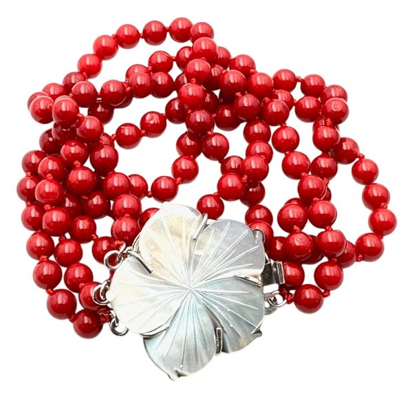 Red Coral Multi-Strand Carved Pearl Flower Sterling Silver Bracelet 7 Inch - Picture 1 of 4